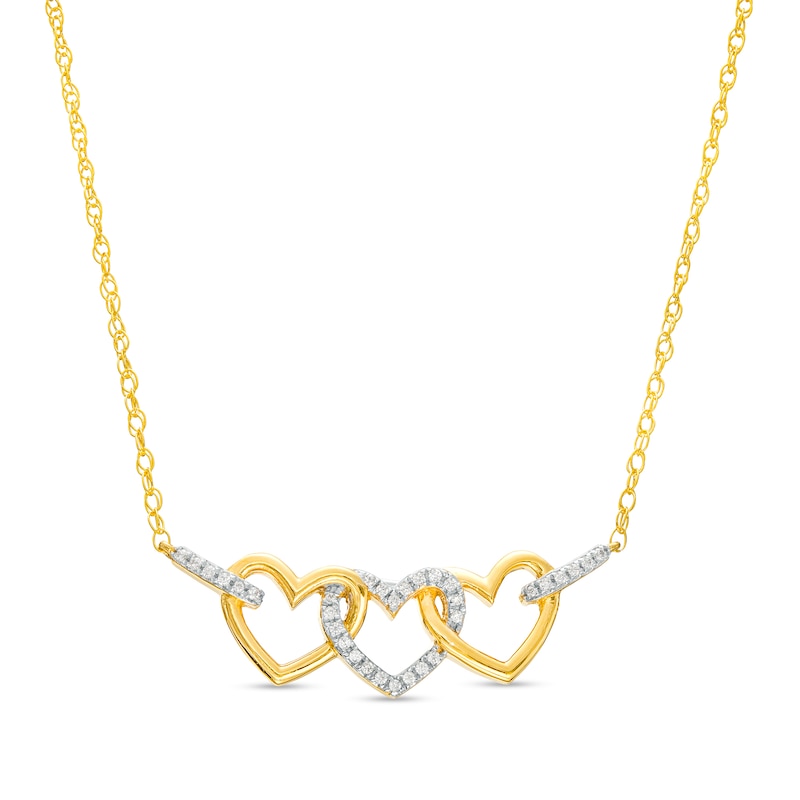 Main Image 1 of 1/10 CT. T.W. Diamond Triple Heart Link Necklace in 10K Gold