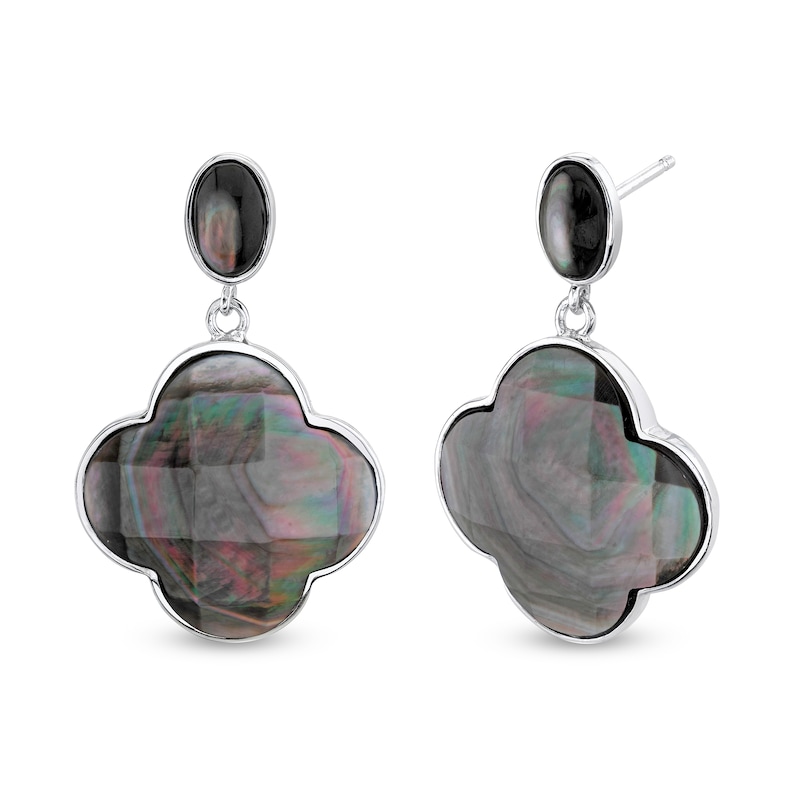 Main Image 1 of Black Mother-of-Pearl Clover Double Drop Earrings in Sterling Silver