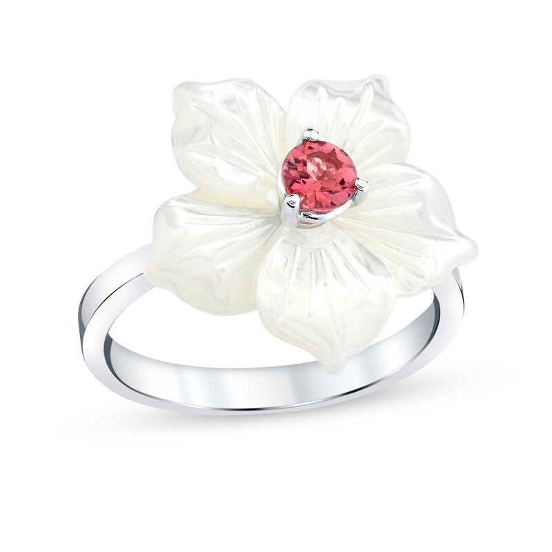Main Image 1 of 4.0mm Pink Tourmaline and Mother-of-Pearl Petal Plumeria Flower Ring in Sterling Silver