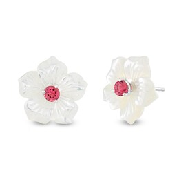 4.0mm Pink Tourmaline and Mother-of-Pearl Petal Plumeria Flower Stud Earrings in Sterling Silver
