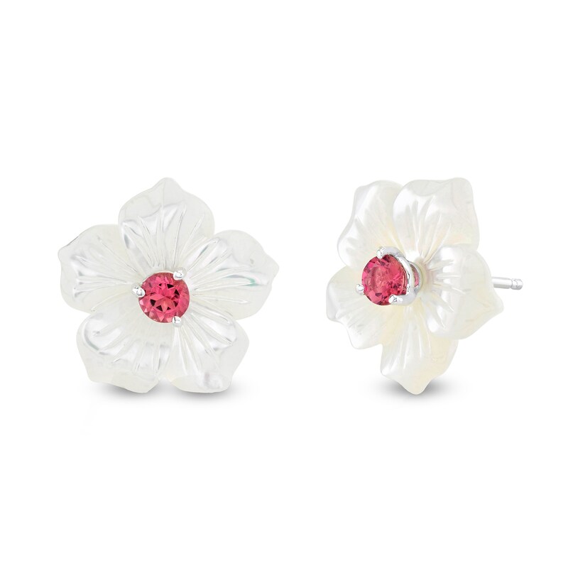 Main Image 1 of 4.0mm Pink Tourmaline and Mother-of-Pearl Petal Plumeria Flower Stud Earrings in Sterling Silver