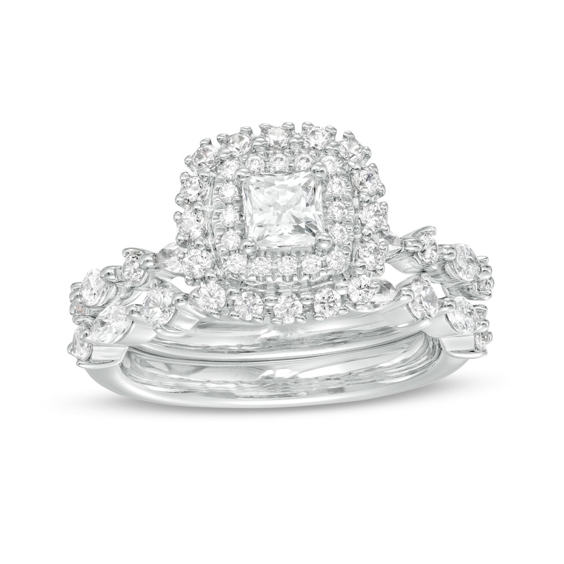 Main Image 1 of 1-3/8 CT. T.W. Certified Princess-Cut Diamond Double Frame Bridal Set in 14K White Gold (I/I1)