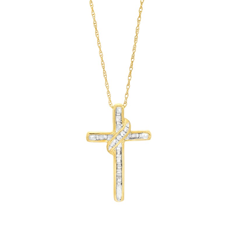 Main Image 1 of 1/6 CT. T.W. Diamond Ribbon Cross Pendant in 10K Gold
