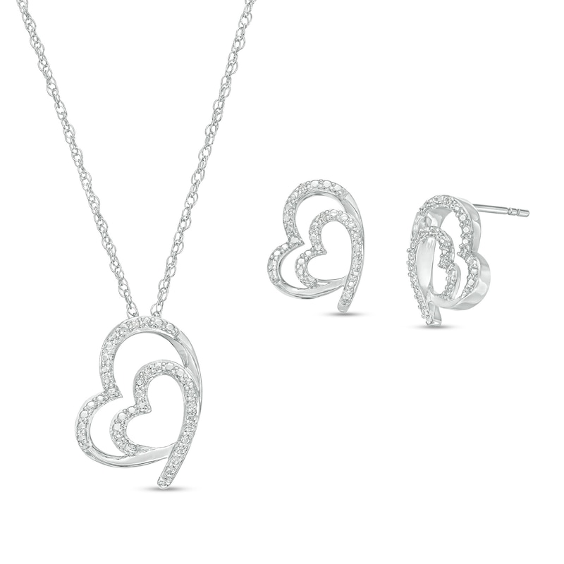 Main Image 1 of Diamond Accent Tilted Double Heart Pendant and Stud Earrings Set in Sterling Silver