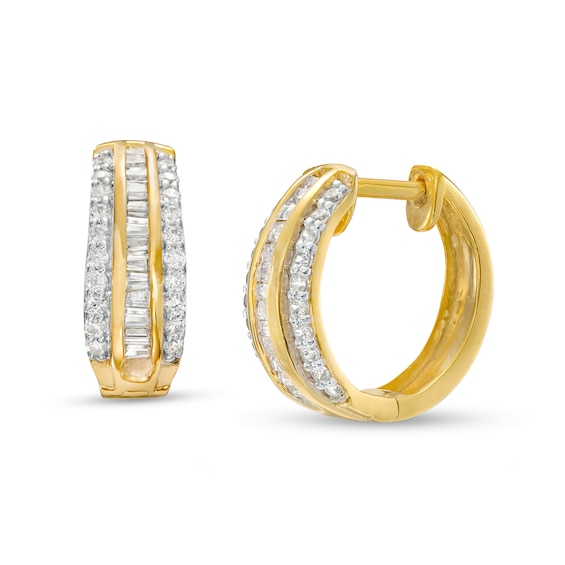 1/2 CT. T.W. Baguette and Round Diamond Triple Row Hoop Earrings in 10K Gold