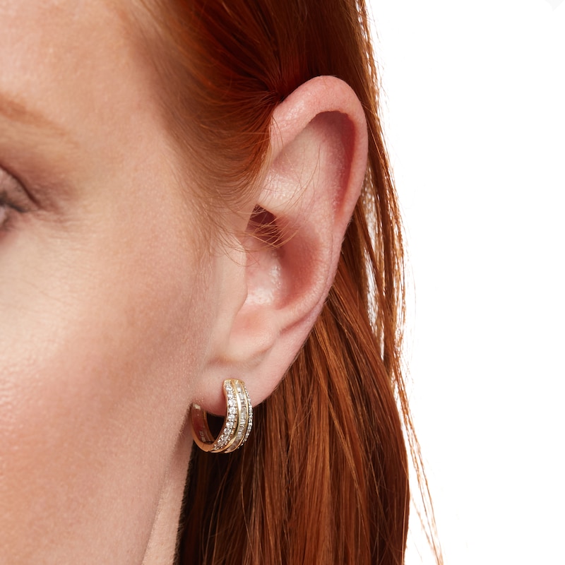 Main Image 2 of 1/2 CT. T.W. Baguette and Round Diamond Triple Row Hoop Earrings in 10K Gold