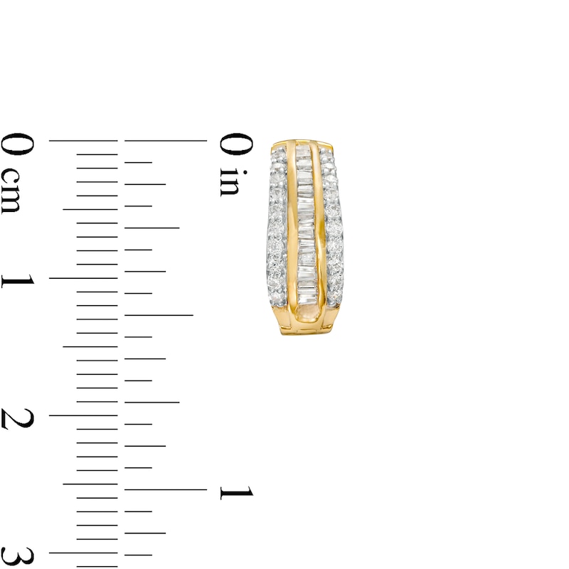 Main Image 3 of 1/2 CT. T.W. Baguette and Round Diamond Triple Row Hoop Earrings in 10K Gold
