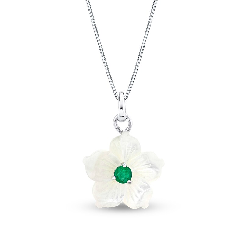 Main Image 1 of 4.0mm Emerald and Mother-of-Pearl Petal Plumeria Flower Pendant in Sterling Silver