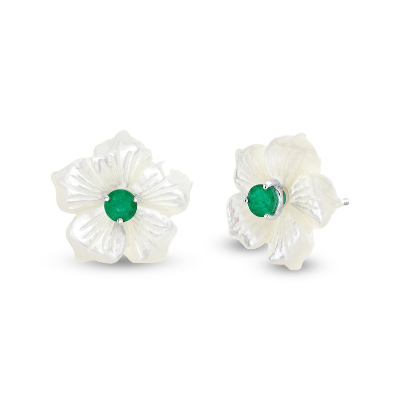 Main Image 1 of 4.0mm Emerald and Mother-of-Pearl Petal Plumeria Flower Stud Earrings in Sterling Silver