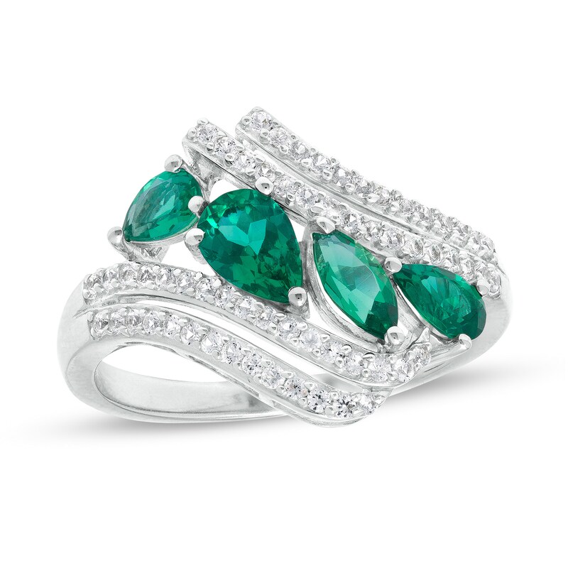 Main Image 1 of Marquise and Pear-Shaped Lab-Created Emerald and White Sapphire Double Row Bypass Ring in Sterling Silver