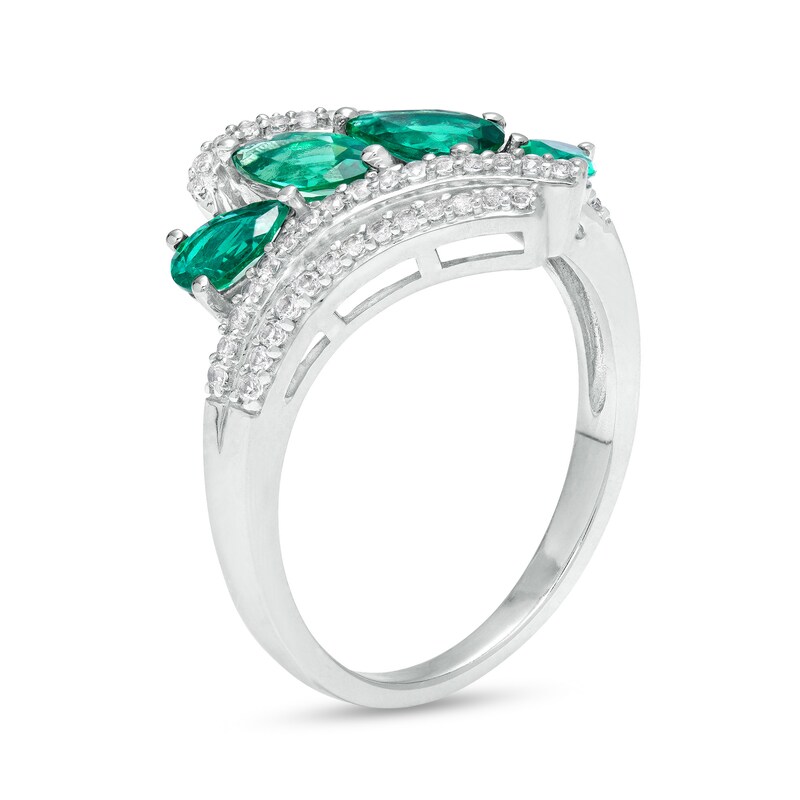 Main Image 2 of Marquise and Pear-Shaped Lab-Created Emerald and White Sapphire Double Row Bypass Ring in Sterling Silver