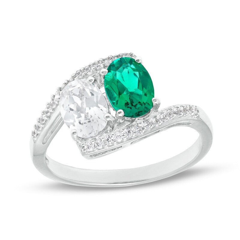 Main Image 1 of Oval Lab-Created Emerald and White Sapphire Duo Bypass Ring in Sterling Silver