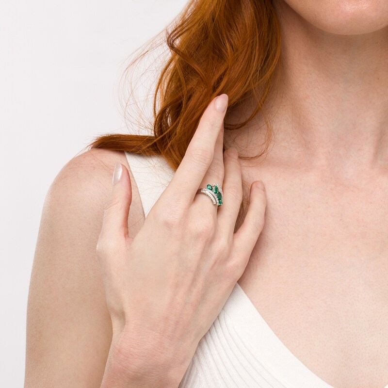 Main Image 2 of Oval Lab-Created Emerald and White Sapphire Duo Bypass Ring in Sterling Silver