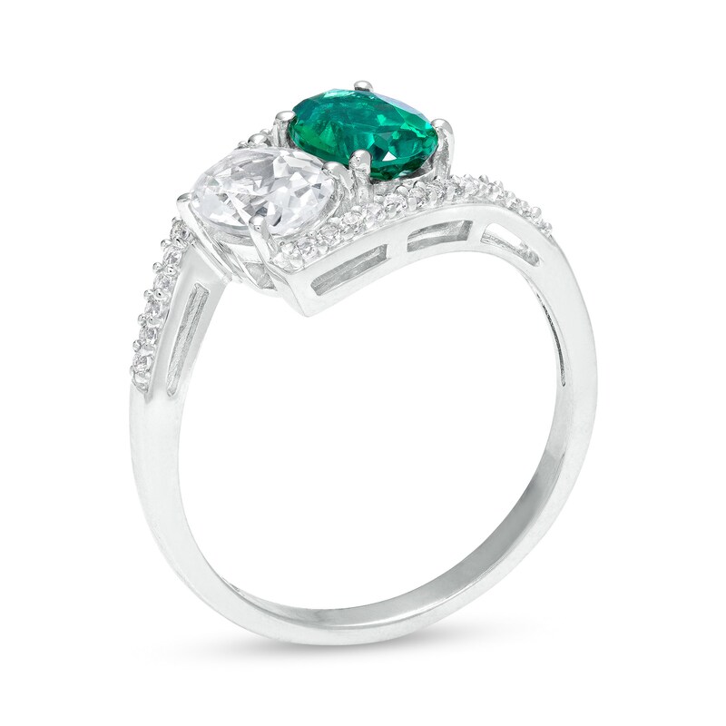 Main Image 3 of Oval Lab-Created Emerald and White Sapphire Duo Bypass Ring in Sterling Silver