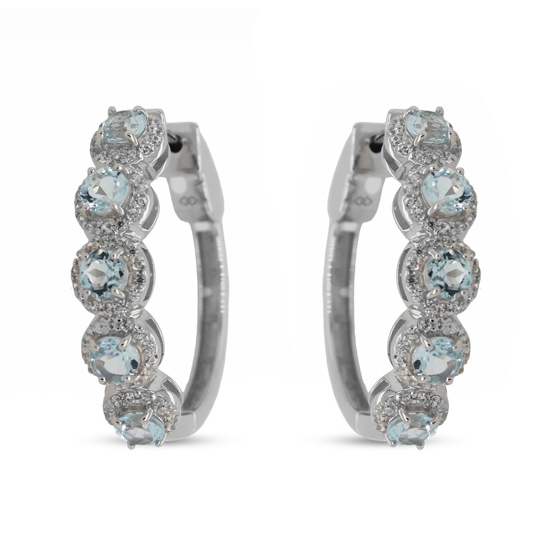 Main Image 1 of 4.0mm Aquamarine and White Zircon Frame Five Stone Hoop Earrings in Sterling Silver