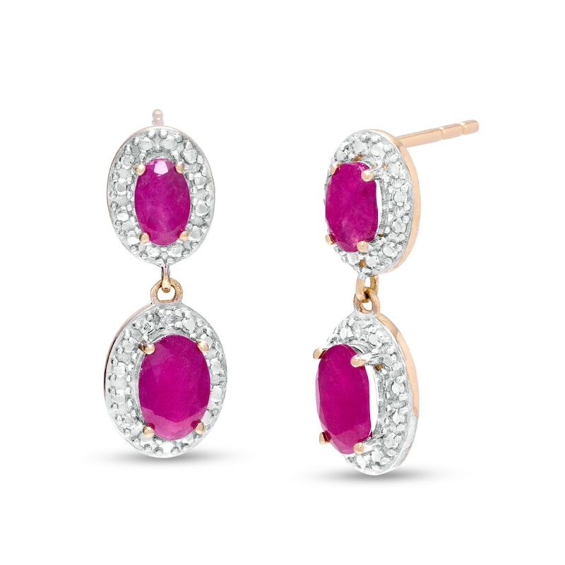 Oval Ruby and Diamond Accent Bead Frame Duo Drop Earrings in 10K Gold