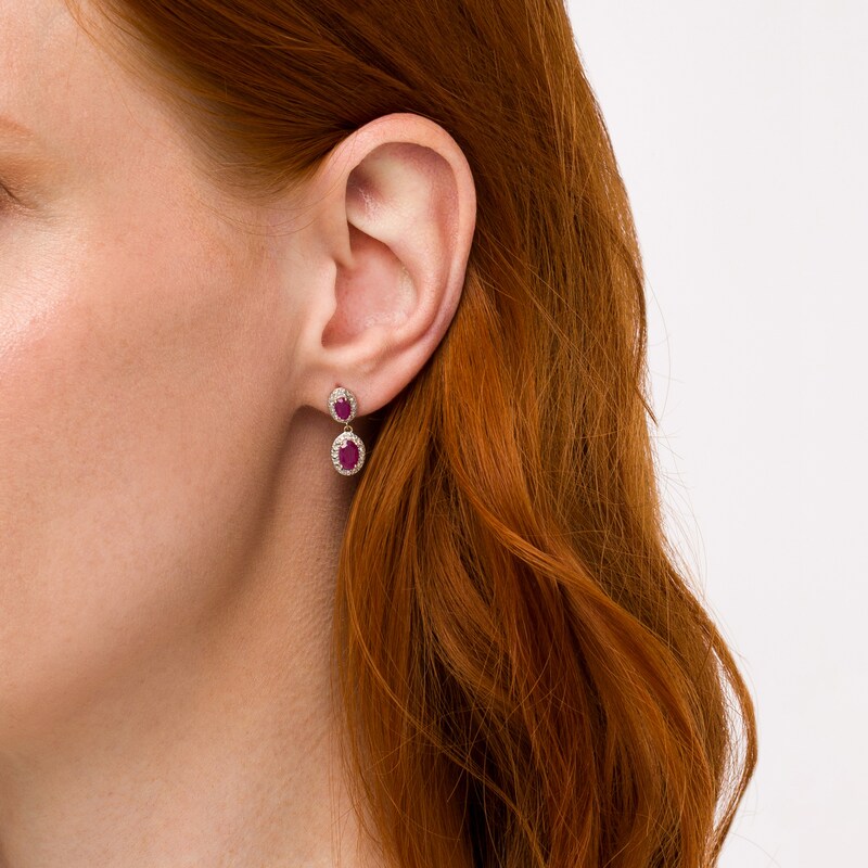 Main Image 2 of Oval Ruby and Diamond Accent Bead Frame Duo Drop Earrings in 10K Gold