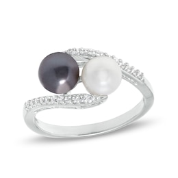 Button Black and White Cultured Freshwater Pearl and White Lab-Created Sapphire Duo Bypass Ring in Sterling Silver