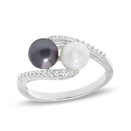 Button Black and White Freshwater Cultured Pearl and White Lab-Created Sapphire Duo Bypass Ring in Sterling Silver