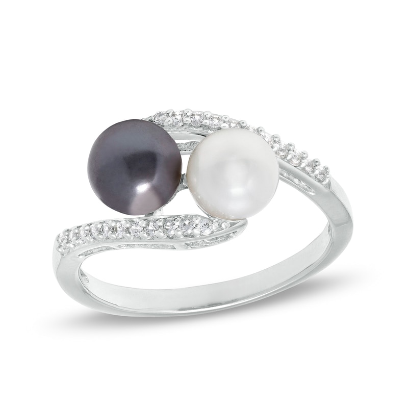 Main Image 1 of Button Black and White Freshwater Cultured Pearl and White Lab-Created Sapphire Duo Bypass Ring in Sterling Silver