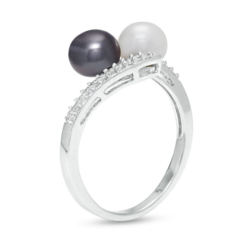 Main Image 3 of Button Black and White Freshwater Cultured Pearl and White Lab-Created Sapphire Duo Bypass Ring in Sterling Silver