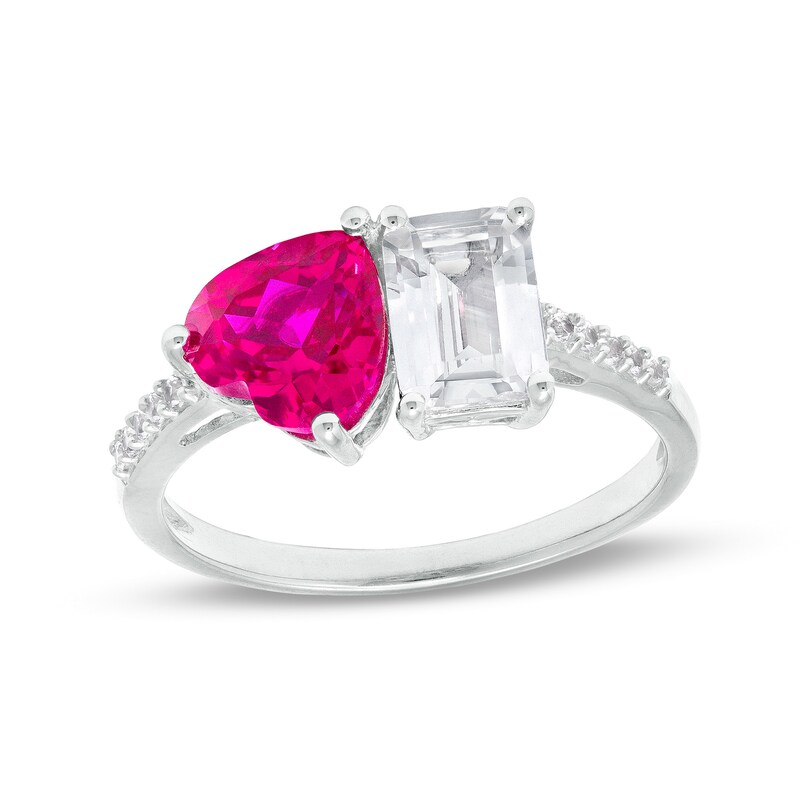 Heart-Shaped Lab-Created Ruby and Emerald-Cut White Sapphire Duo Ring in Sterling Silver
