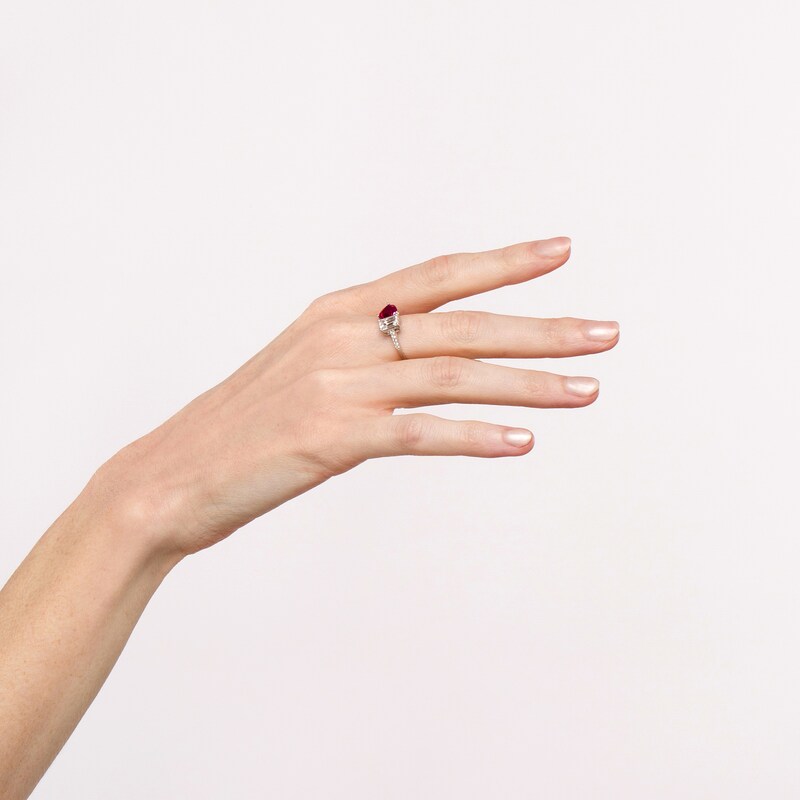 Heart-Shaped Lab-Created Ruby and Emerald-Cut White Sapphire Duo Ring in Sterling Silver