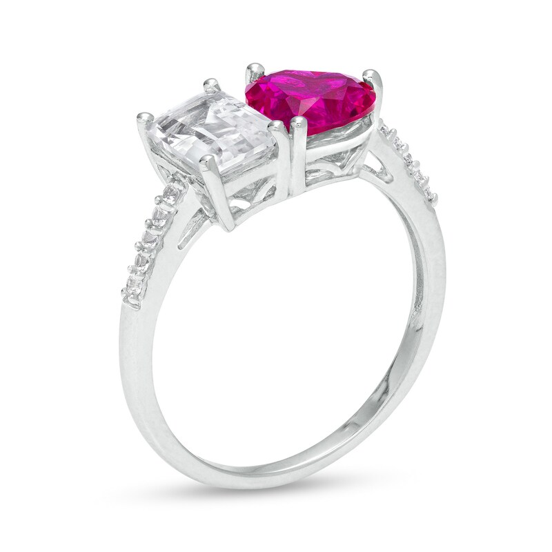Heart-Shaped Lab-Created Ruby and Emerald-Cut White Sapphire Duo Ring in Sterling Silver