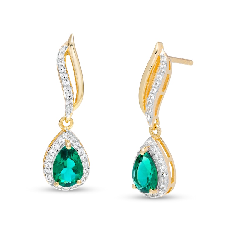 Main Image 1 of Pear-Shaped Lab-Created Emerald and White Sapphire Frame Flame Drop Earrings in Sterling Silver with 18K Gold Plate