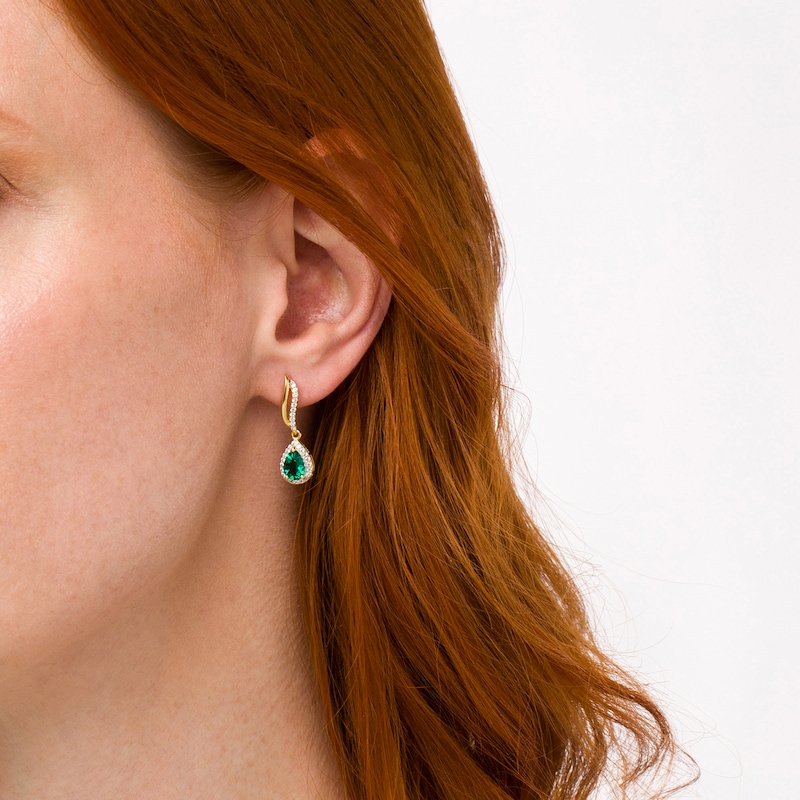 Main Image 2 of Pear-Shaped Lab-Created Emerald and White Sapphire Frame Flame Drop Earrings in Sterling Silver with 18K Gold Plate