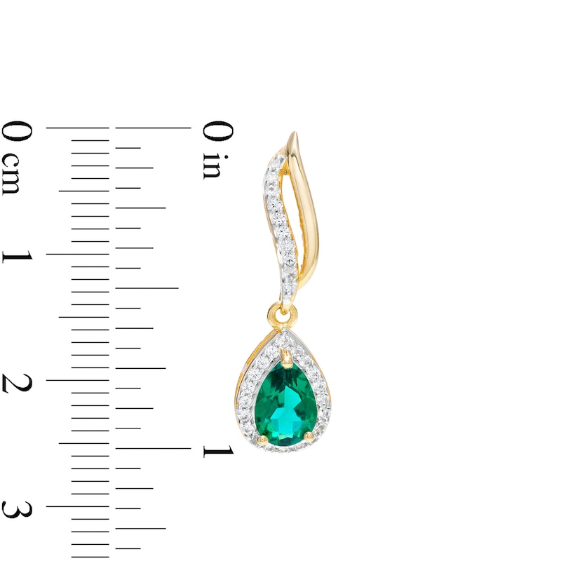 Main Image 3 of Pear-Shaped Lab-Created Emerald and White Sapphire Frame Flame Drop Earrings in Sterling Silver with 18K Gold Plate