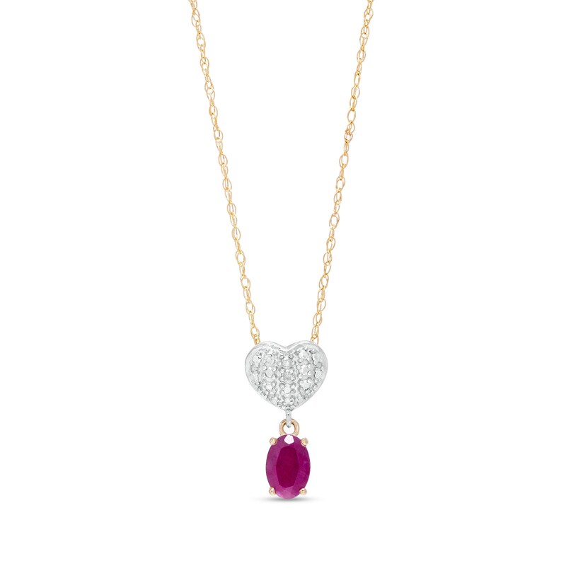 Main Image 1 of Oval Ruby and Diamond Accent Beaded Heart Dangle Pendant in 10K Gold
