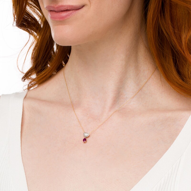 Main Image 2 of Oval Ruby and Diamond Accent Beaded Heart Dangle Pendant in 10K Gold