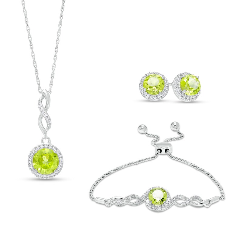 Main Image 1 of Peridot and White Lab-Created Sapphire Frame Loose Infinity Pendant, Bracelet and Stud Earrings Set in Sterling Silver