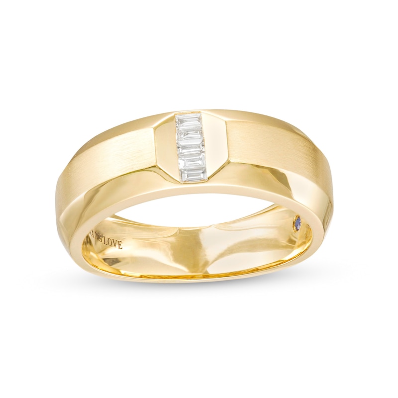 Main Image 1 of Vera Wang Love Collection Men's 1/10 CT. T.W. Baguette Diamond Five Stone Linear Groove Wedding Band in 14K Gold (I/SI2)