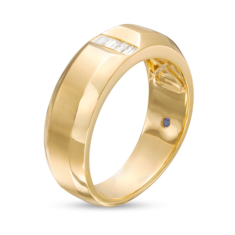 Main Image 3 of Vera Wang Love Collection Men's 1/10 CT. T.W. Baguette Diamond Five Stone Linear Groove Wedding Band in 14K Gold (I/SI2)
