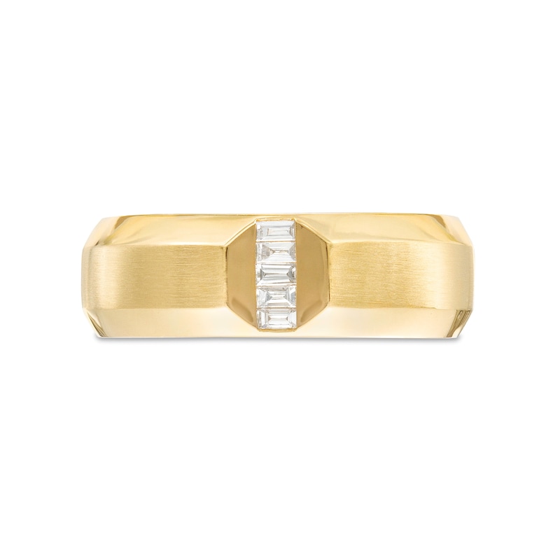 Main Image 4 of Vera Wang Love Collection Men's 1/10 CT. T.W. Baguette Diamond Five Stone Linear Groove Wedding Band in 14K Gold (I/SI2)