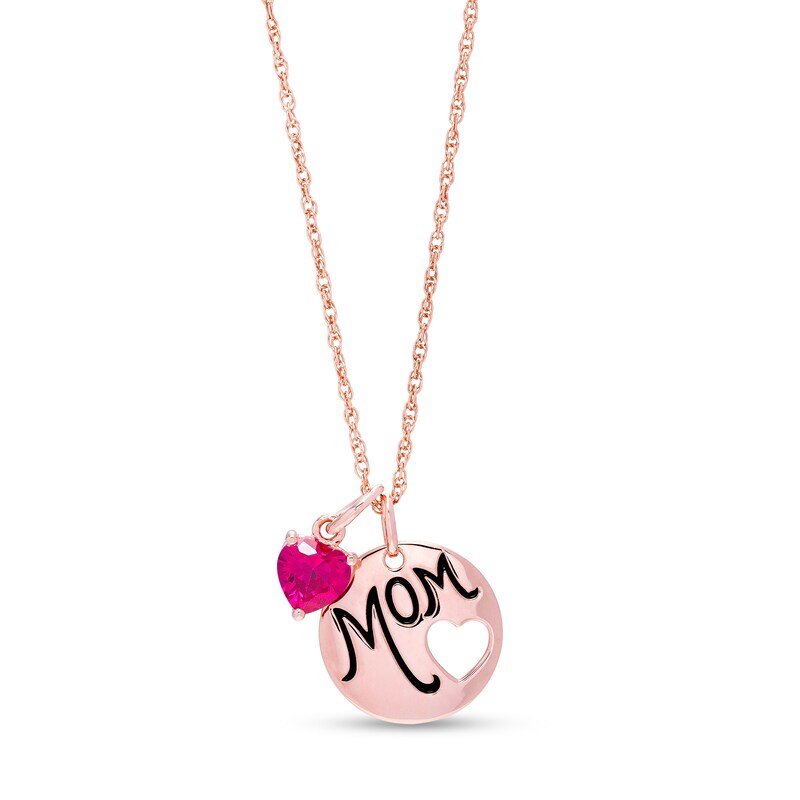 Main Image 1 of 6.0mm Heart-Shaped Lab-Created Ruby and &quot;Mom&quot; Tag Pendant in Sterling Silver with 14K Rose Gold Plate