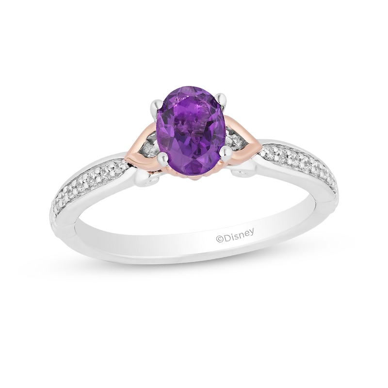 Enchanted Disney Ariel Oval Amethyst and 1/10 CT. T.W. Diamond Ring in Sterling Silver and 10K Rose Gold Plate