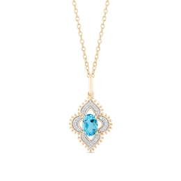 Enchanted Disney Jasmine Oval Swiss Blue Topaz and 1/10 CT. T.W. Diamond Beaded Ornate Frame Pendant in 10K Gold – 19&quot;