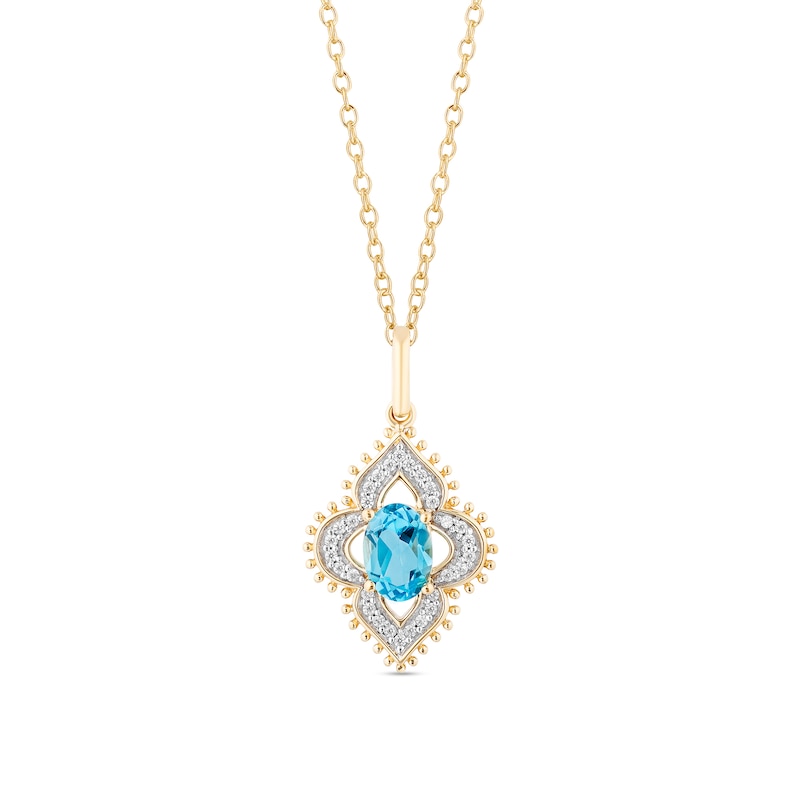 Main Image 1 of Enchanted Disney Jasmine Oval Swiss Blue Topaz and 1/10 CT. T.W. Diamond Beaded Ornate Frame Pendant in 10K Gold – 19"