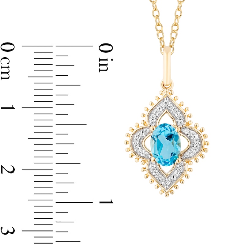 Enchanted Disney Jasmine Oval Swiss Blue Topaz and 1/10 CT. T.W. Diamond Beaded Ornate Frame Pendant in 10K Gold – 19"