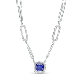 7.0mm Ceylon Blue and White Lab-Created Sapphire Frame Paperclip Necklace in Sterling Silver