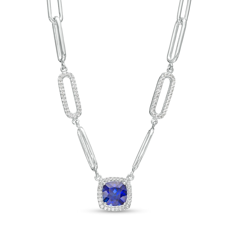 7.0mm Ceylon Blue and White Lab-Created Sapphire Frame Paper Clip Necklace in Sterling Silver