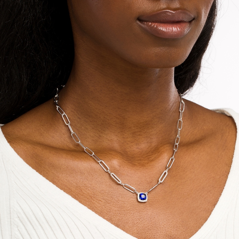 Main Image 2 of 7.0mm Ceylon Blue and White Lab-Created Sapphire Frame Paper Clip Necklace in Sterling Silver