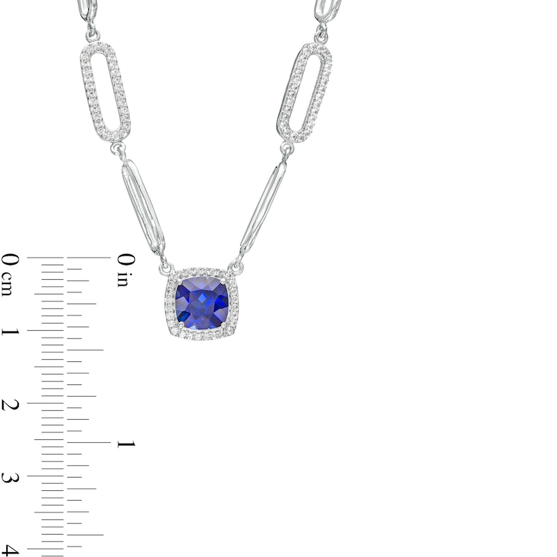 Main Image 3 of 7.0mm Ceylon Blue and White Lab-Created Sapphire Frame Paper Clip Necklace in Sterling Silver