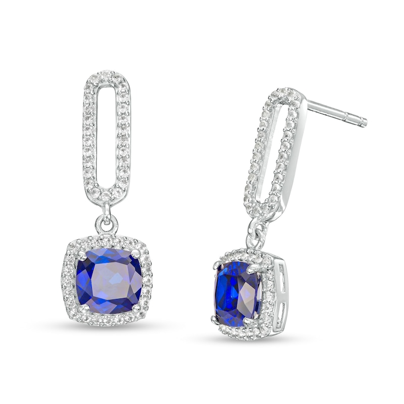 Main Image 1 of 6.0mm Ceylon Blue and White Lab-Created Sapphire Frame Paper Clip Drop Earrings in Sterling Silver