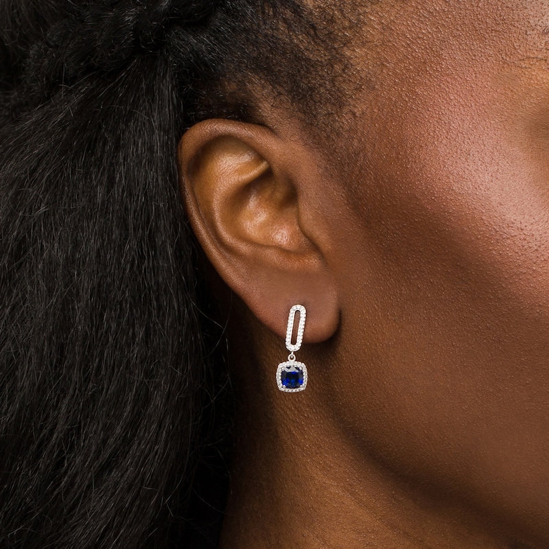 Main Image 2 of 6.0mm Ceylon Blue and White Lab-Created Sapphire Frame Paper Clip Drop Earrings in Sterling Silver
