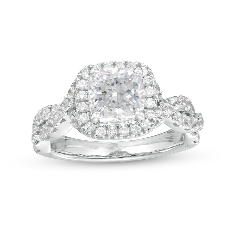 Main Image 1 of 2-3/4 CT. T.W. Certified Cushion-Cut Lab-Grown Diamond Frame Twist Shank Engagement Ring in 14K White Gold (F/VS2)