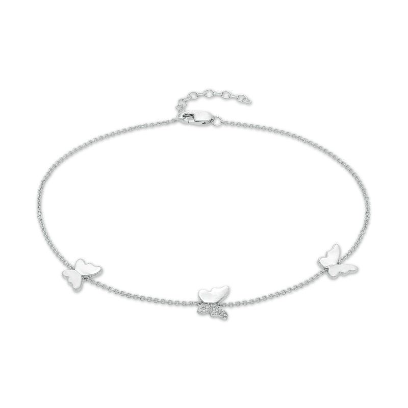 Main Image 1 of 1/20 CT. T.W. Diamond Station Butterfly Anklet in Sterling Silver – 10"